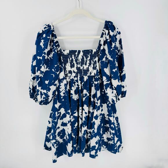 Abercrombie & Fitch Blue White Emerson Smocked Poplin Puff Sleeve Mini Dress XL - Picture 2 of 9